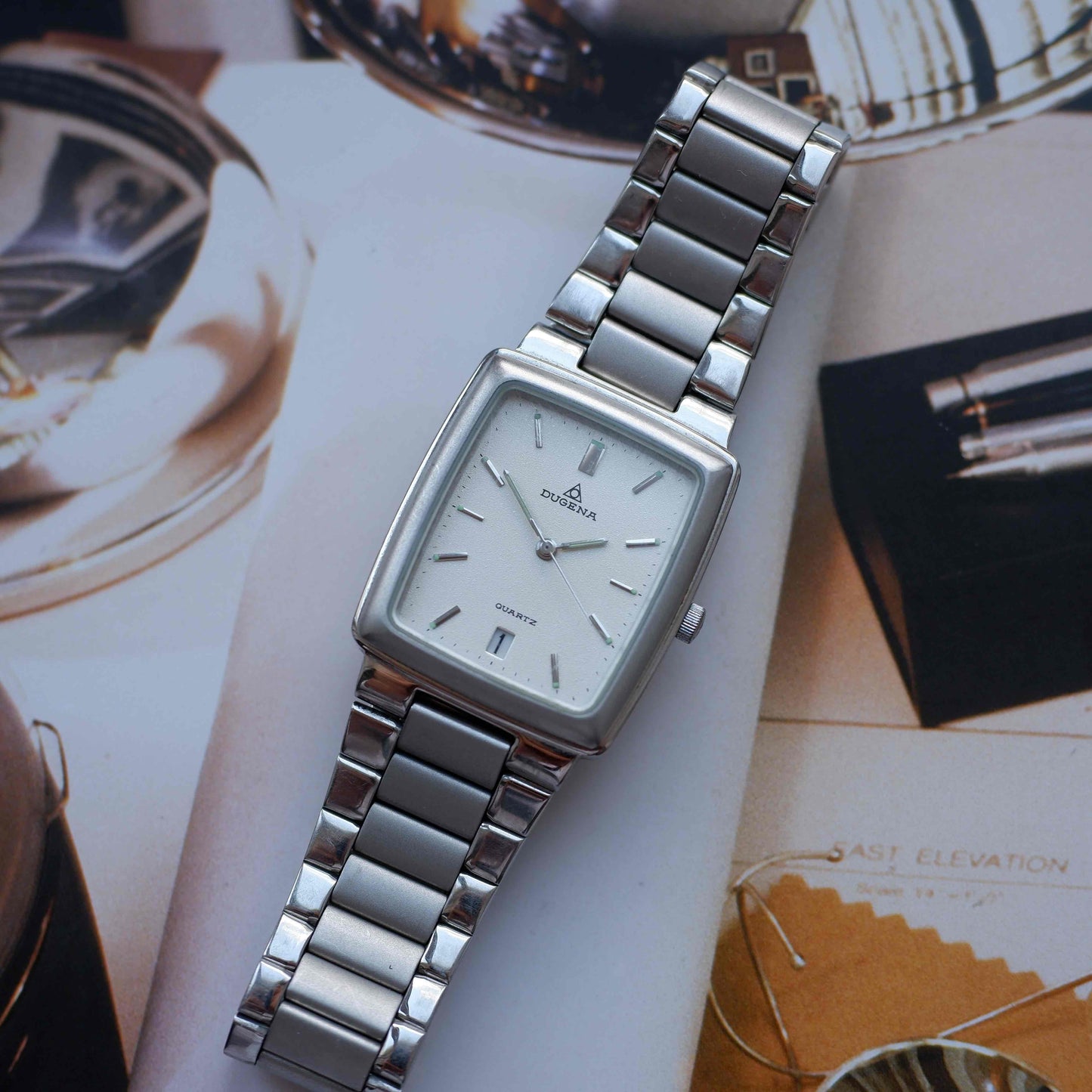 Vintage Dugena Tank Frosted White Dial Date and Steel Bracelet 80s