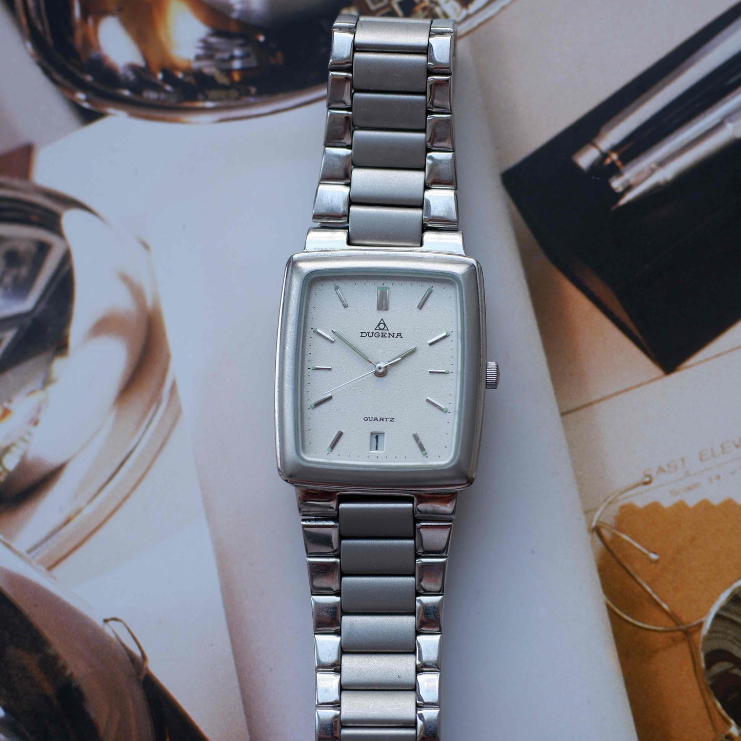 Vintage Dugena Tank Frosted White Dial Date and Steel Bracelet 80s