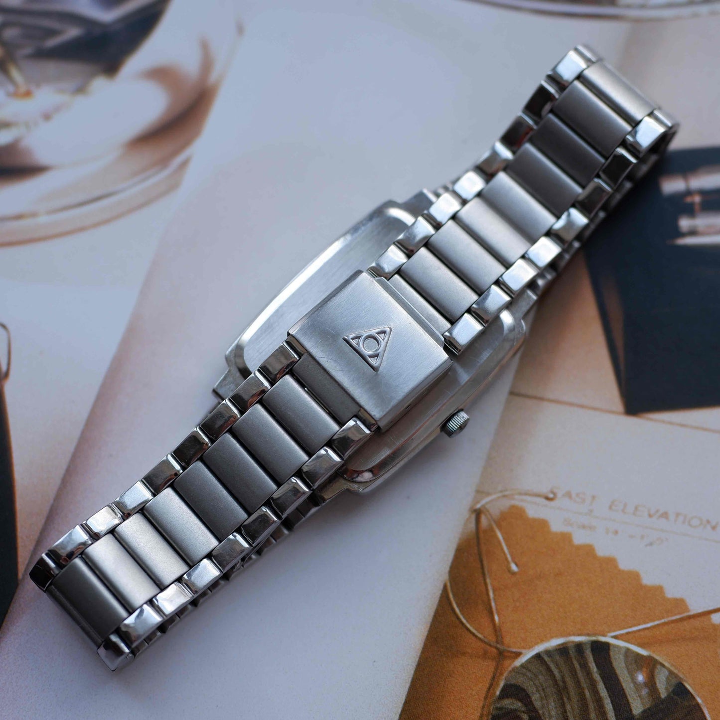 Vintage Dugena Tank Frosted White Dial Date and Steel Bracelet 80s