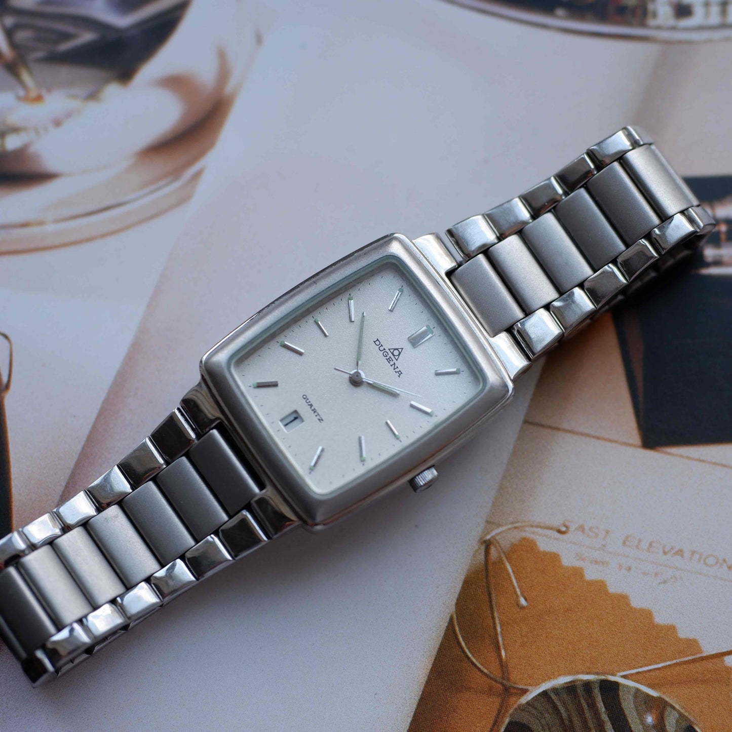 Vintage Dugena Tank Frosted White Dial Date and Steel Bracelet 80s