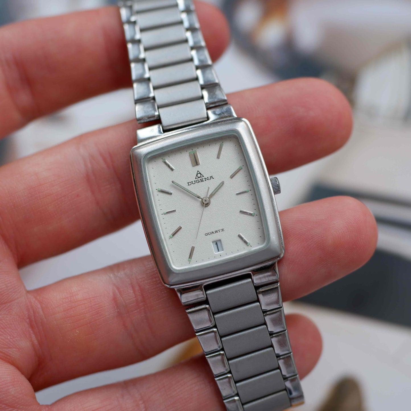 Vintage Dugena Tank Frosted White Dial Date and Steel Bracelet 80s