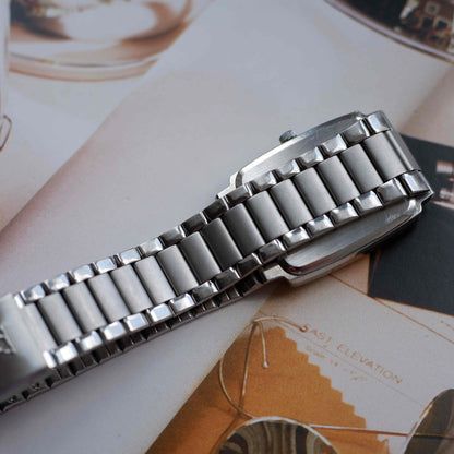 Vintage Dugena Tank Frosted White Dial Date and Steel Bracelet 80s