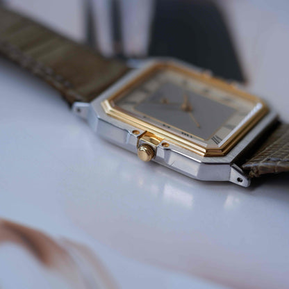 Vintage Seiko Tank Style Alarm Dress Watch 80s Two Tone Quartz MINT