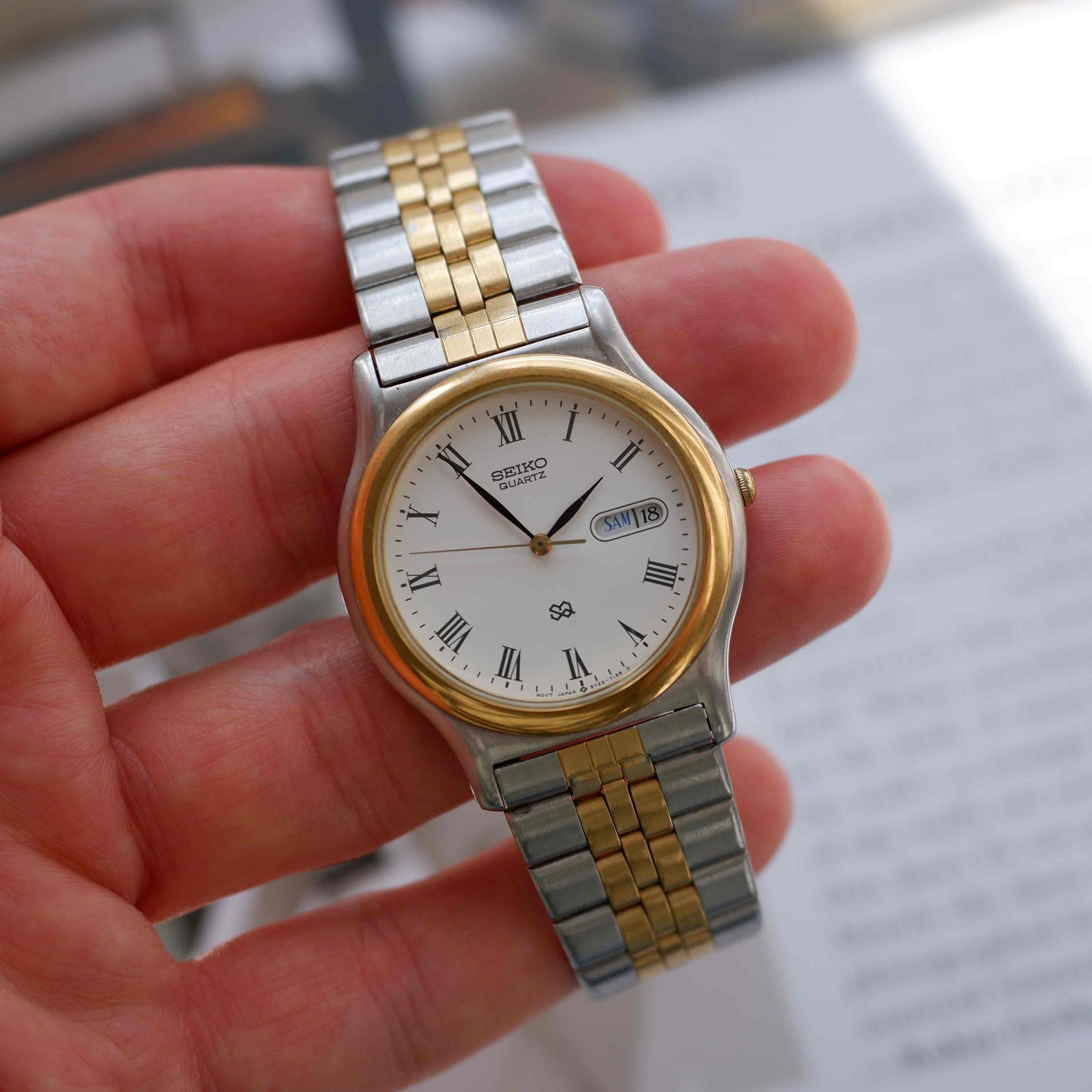 Vintage Seiko SQ Day and Date Quartz Two Tone Gold 80s MINT