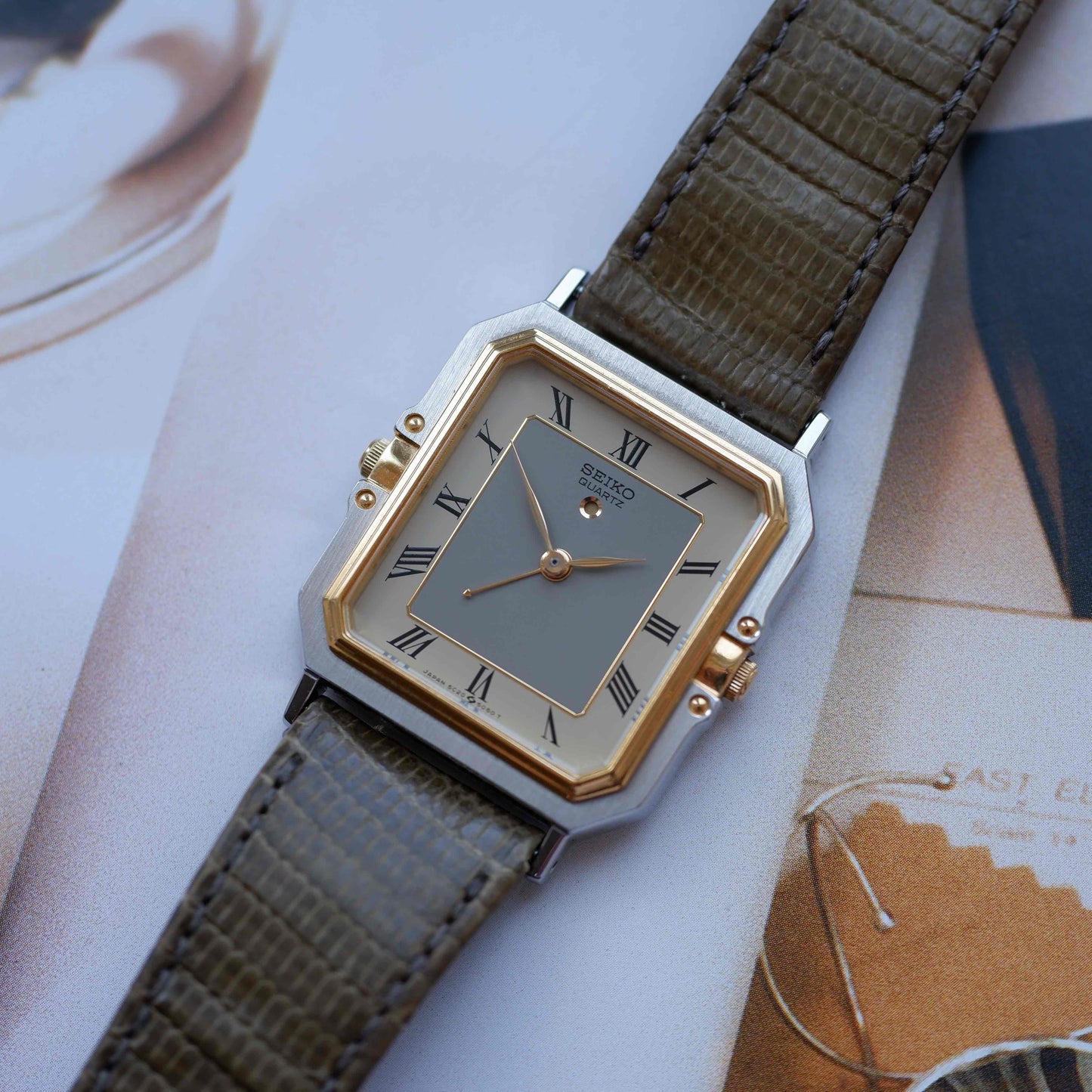 Vintage Seiko Tank Style Alarm Dress Watch 80s Two Tone Quartz MINT