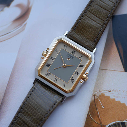 Vintage Seiko Tank Style Alarm Dress Watch 80s Two Tone Quartz MINT