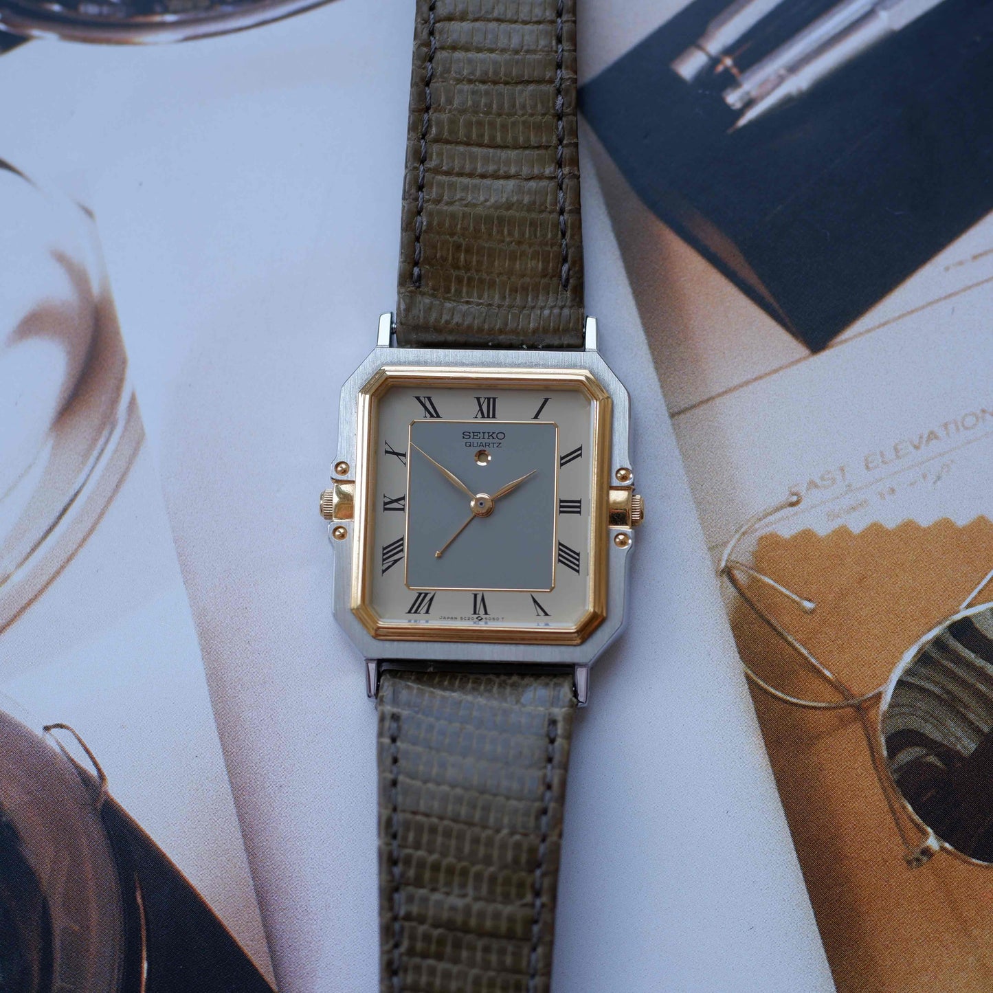 Vintage Seiko Tank Style Alarm Dress Watch 80s Two Tone Quartz MINT