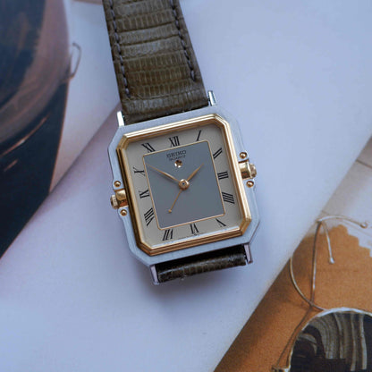 Vintage Seiko Tank Style Alarm Dress Watch 80s Two Tone Quartz MINT