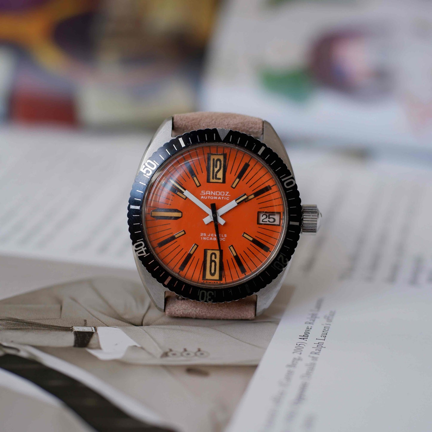 Vintage Sandoz 70s Skin Diver Automatic Orange Dial Date MINT