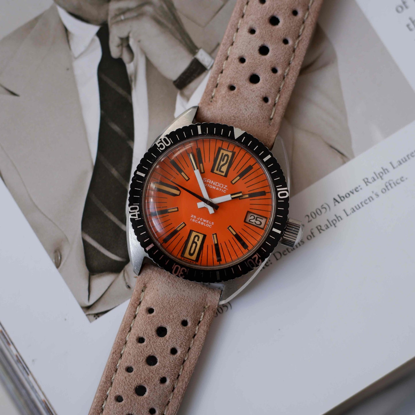 Vintage Sandoz 70s Skin Diver Automatic Orange Dial Date MINT