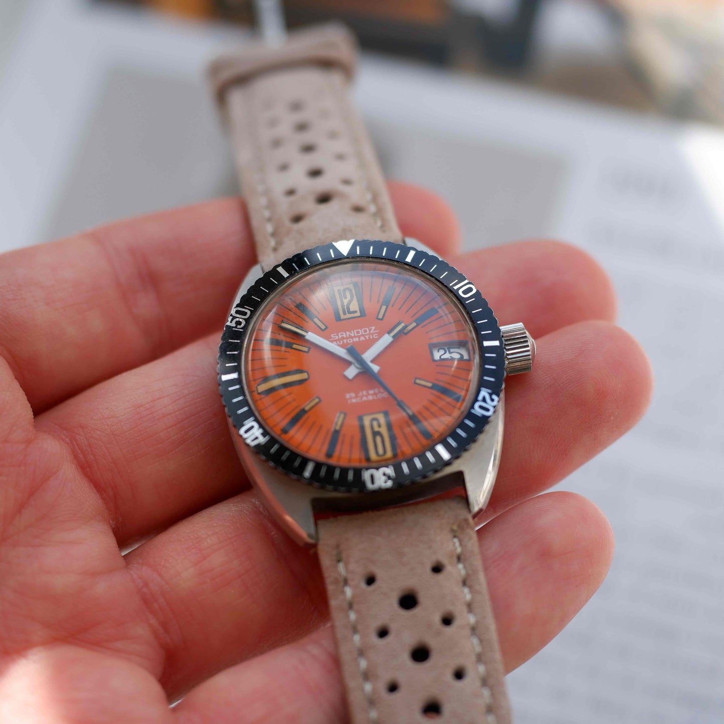 Vintage Sandoz 70s Skin Diver Automatic Orange Dial Date MINT