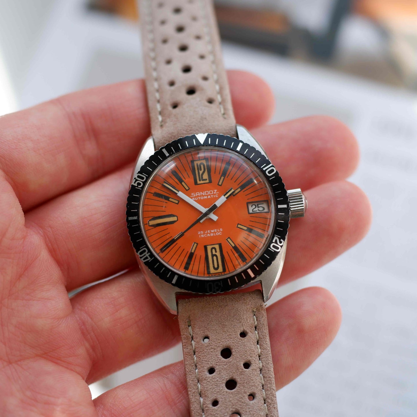 Vintage Sandoz 70s Skin Diver Automatic Orange Dial Date MINT