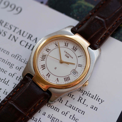 Vintage Certina DS Two Tone Watch 90s Gold Quartz Roman Dial
