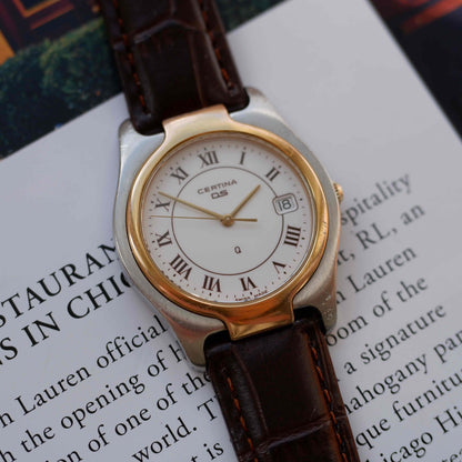 Vintage Certina DS Two Tone Watch 90s Gold Quartz Roman Dial
