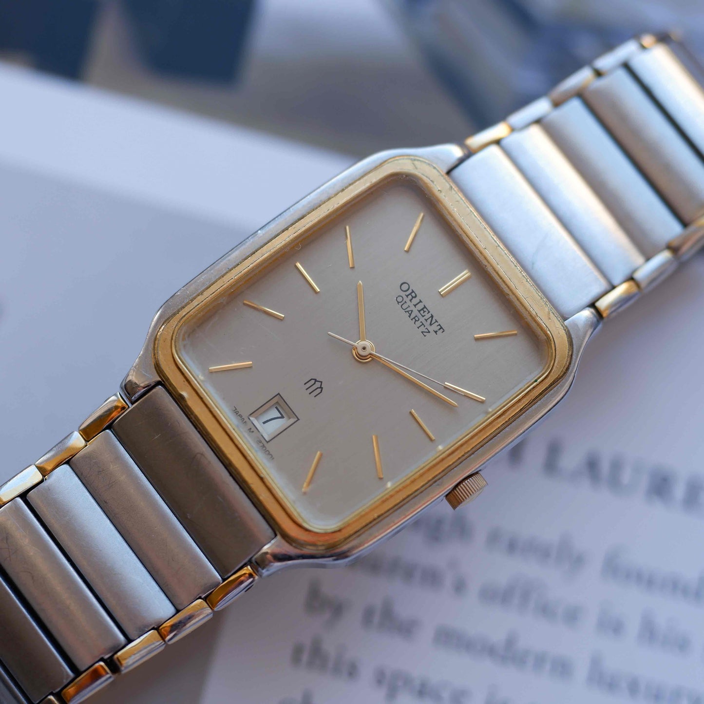 Vintage Orient Tank Style Gray Dial Two-Tone Quartz 80s