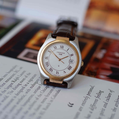 Vintage Certina DS Two Tone Watch 90s Gold Quartz Roman Dial