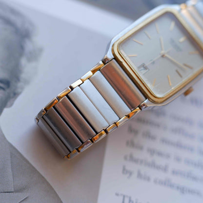 Vintage Orient Tank Style Gray Dial Two-Tone Quartz 80s