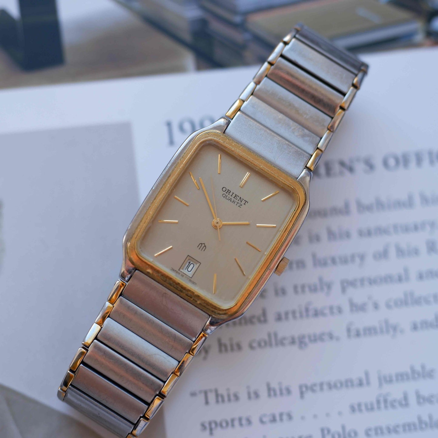 Vintage Orient Tank Style Gray Dial Two-Tone Quartz 80s