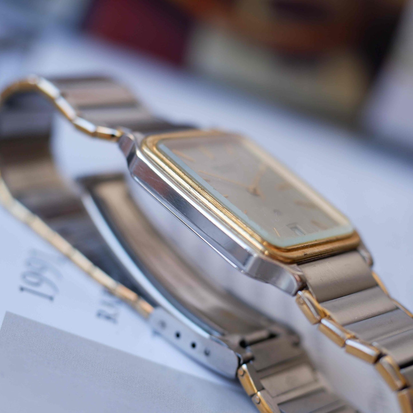 Vintage Orient Tank Style Gray Dial Two-Tone Quartz 80s