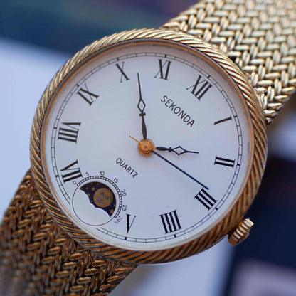 Vintage Sekonda Moon Phase Roman Dial 80s Gold Quartz