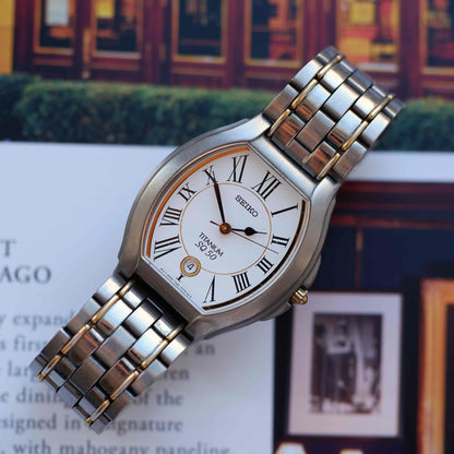 Vintage Seiko Tank Titanium SQ50 Date 90s Two-Tone White Roman Dial