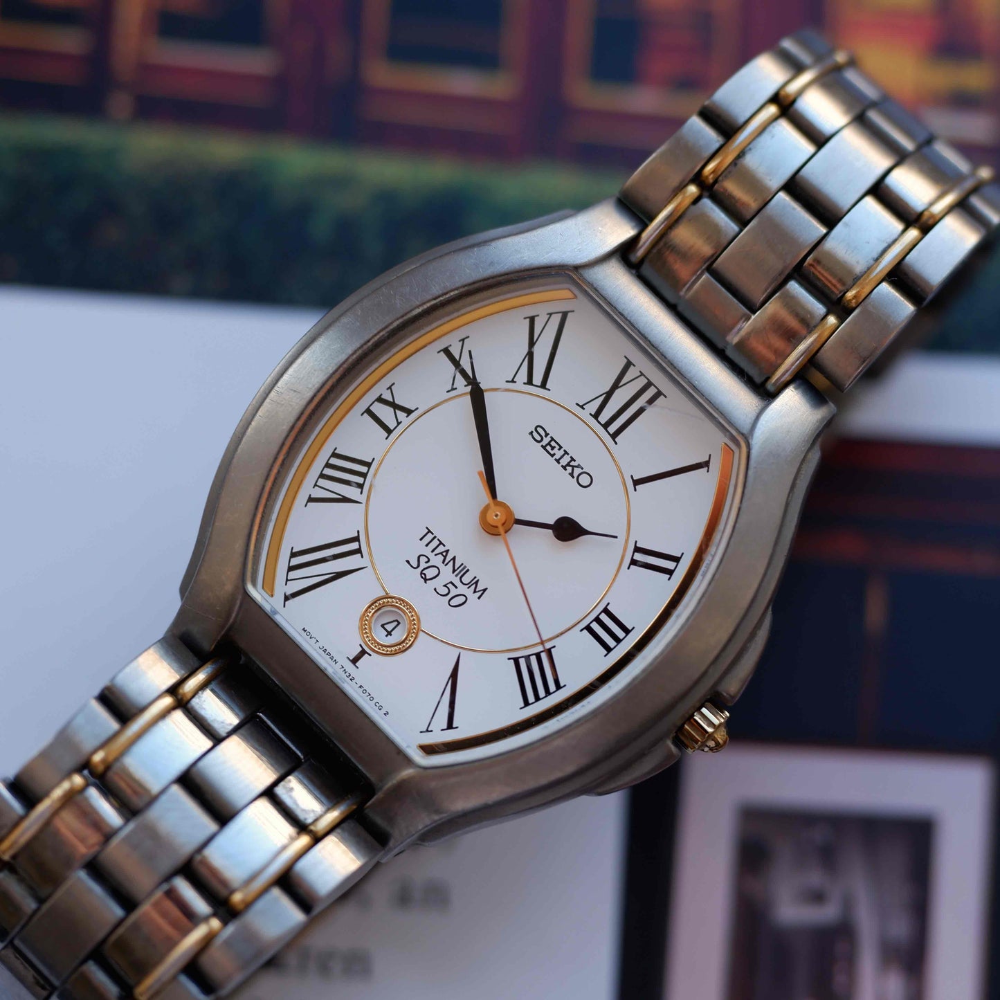 Vintage Seiko Tank Titanium SQ50 Date 90s Two-Tone White Roman Dial