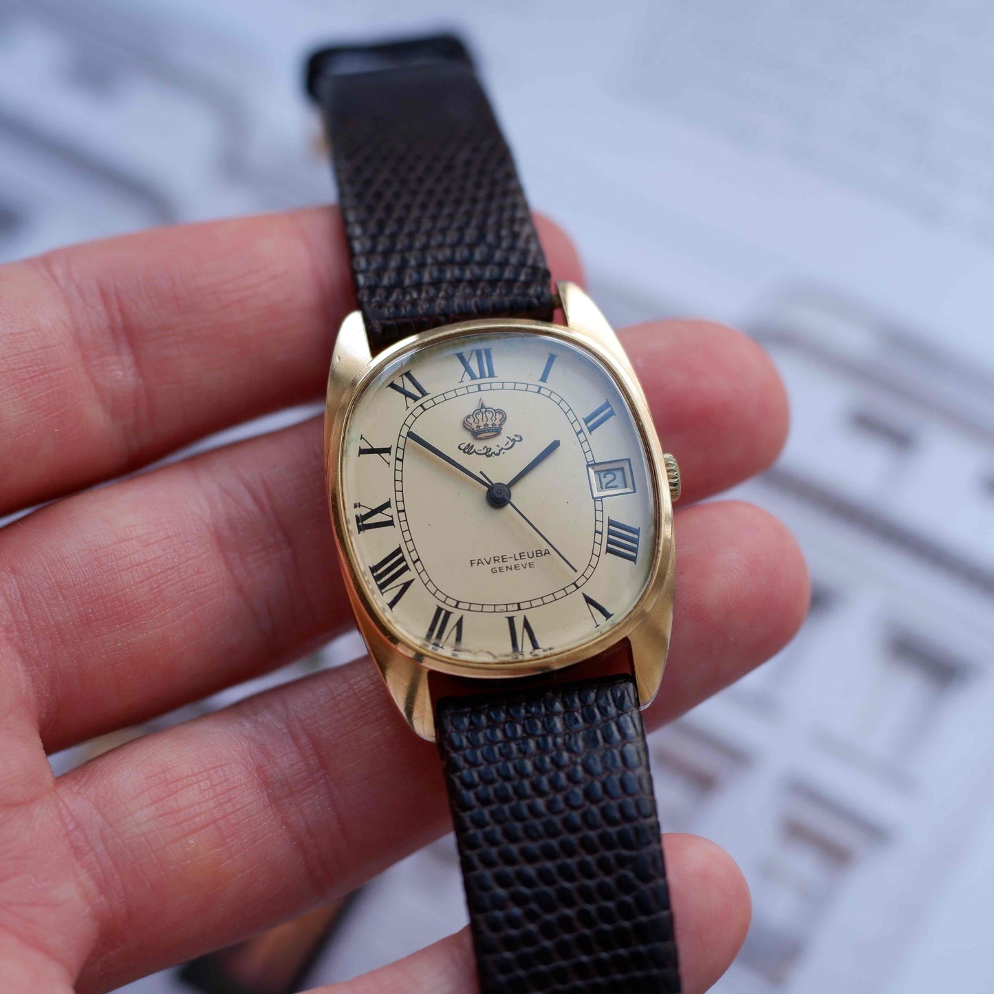 Vintage Favre Leuba King Hussein of Jordan 70s Gold Roman Dial Automatic