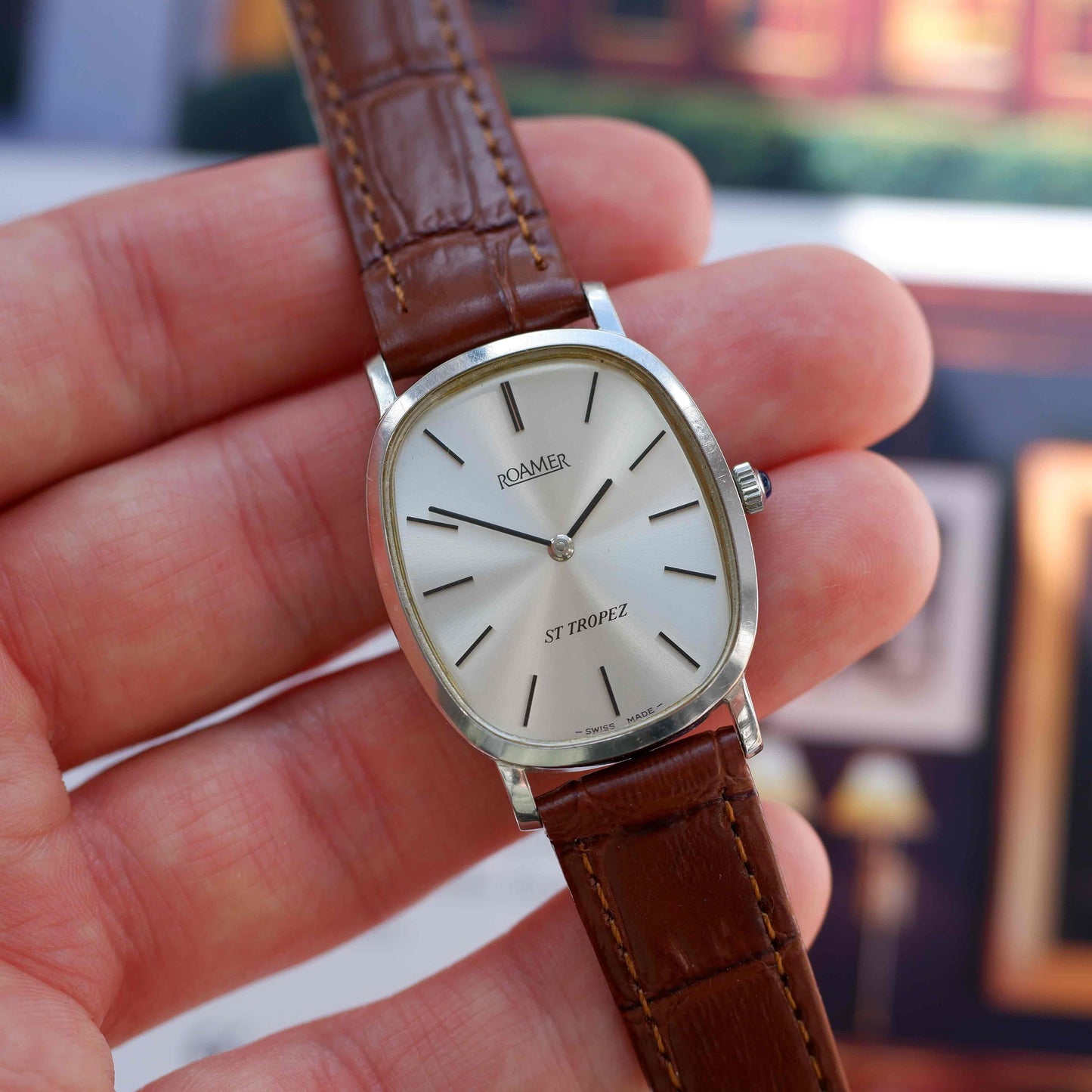 Vintage Roamer St Tropez Mechanical 70s Tank Silver Sunburst Dial Swiss