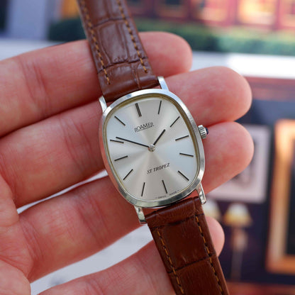 Vintage Roamer St Tropez Mechanical 70s Tank Silver Sunburst Dial Swiss
