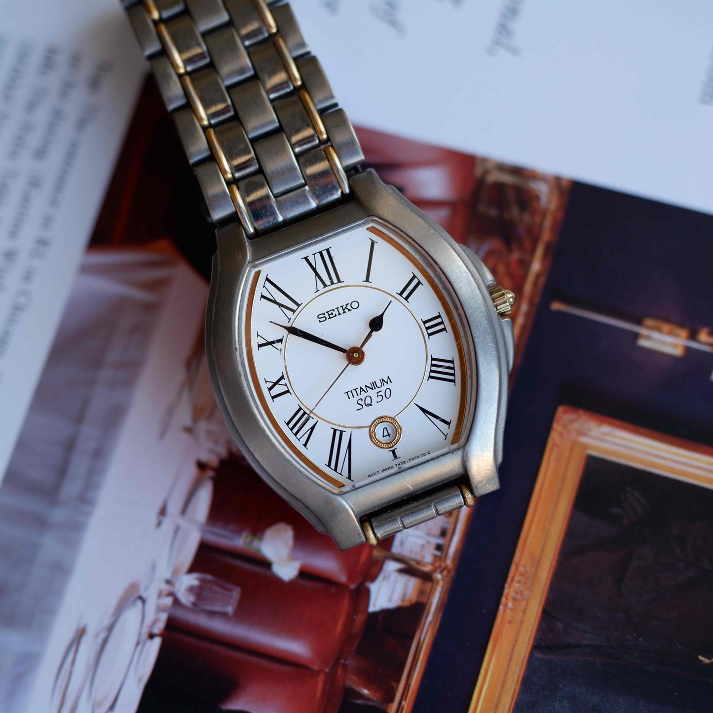 Vintage Seiko Tank Titanium SQ50 Date 90s Two-Tone White Roman Dial