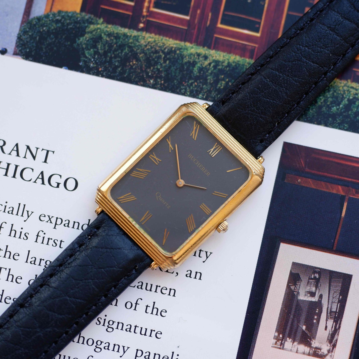 Vintage Bucherer Tank Style Watch 80s Gold Black Roman Dial Swiss Quartz