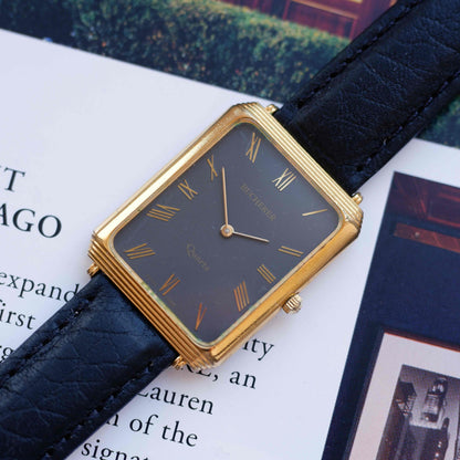 Vintage Bucherer Tank Style Watch 80s Gold Black Roman Dial Swiss Quartz