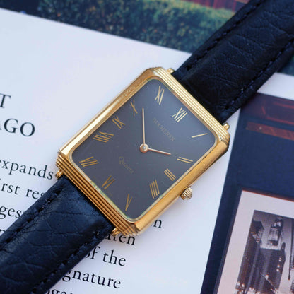 Vintage Bucherer Tank Style Watch 80s Gold Black Roman Dial Swiss Quartz