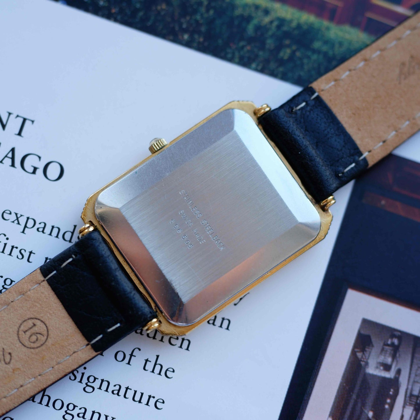 Vintage Bucherer Tank Style Watch 80s Gold Black Roman Dial Swiss Quartz