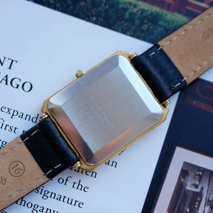 Vintage Bucherer Tank Style Watch 80s Gold Black Roman Dial Swiss Quartz