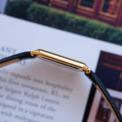 Vintage Bucherer Tank Style Watch 80s Gold Black Roman Dial Swiss Quartz