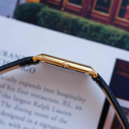 Vintage Bucherer Tank Style Watch 80s Gold Black Roman Dial Swiss Quartz