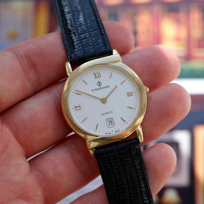 Vintage Candino Dress Watch 90s Gold Hooded Lugs Swiss Quartz