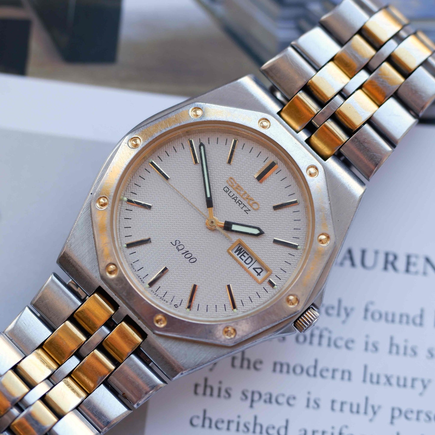 Vintage Seiko SQ 100 Ref. 5Y23-8210 Two-Tone Waffle Dial Day-Date 80s