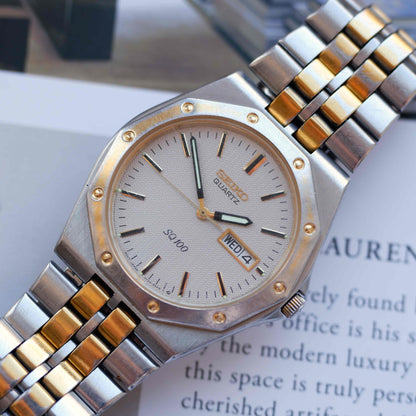Vintage Seiko SQ 100 Ref. 5Y23-8210 Two-Tone Waffle Dial Day-Date 80s