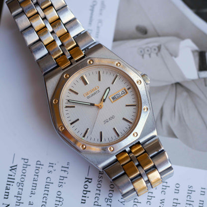 Vintage Seiko SQ 100 Ref. 5Y23-8210 Two-Tone Waffle Dial Day-Date 80s