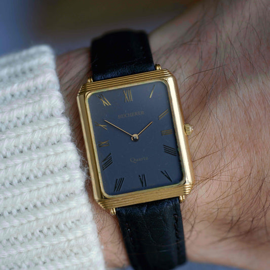 Vintage Bucherer Tank Style Watch 80s Gold Black Roman Dial Swiss Quartz