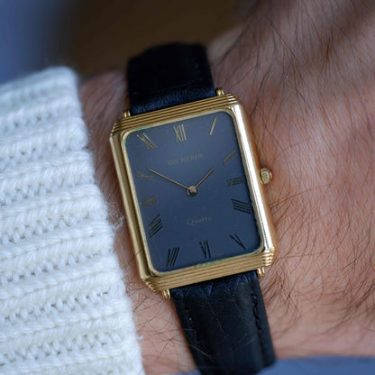 Vintage Bucherer Tank Style Watch 80s Gold Black Roman Dial Swiss Quartz