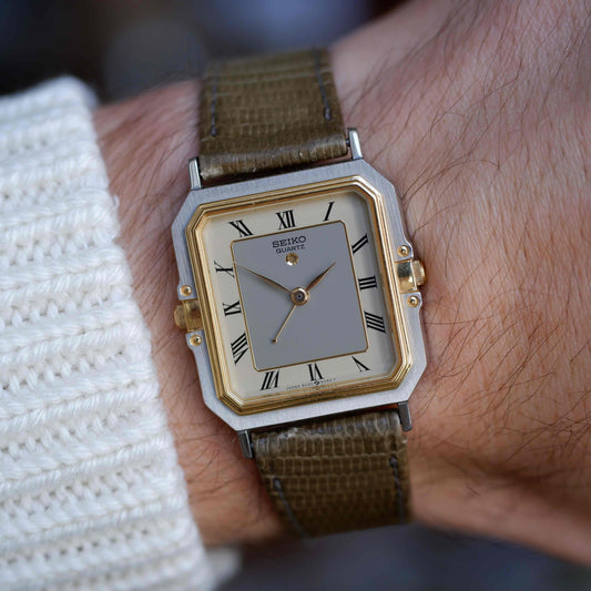 Vintage Seiko Tank Style Alarm Dress Watch 80s Two Tone Quartz MINT