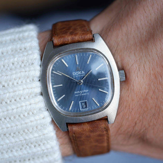 Vintage Doxa Navystar Automatic Watch 70s Blue Striped Dial with Date