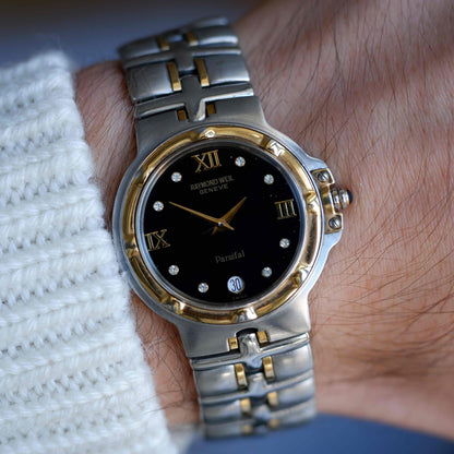 Vintage Raymond Weil Parsifal Watch Golden Two-Tone Black Diamond-Set Dial