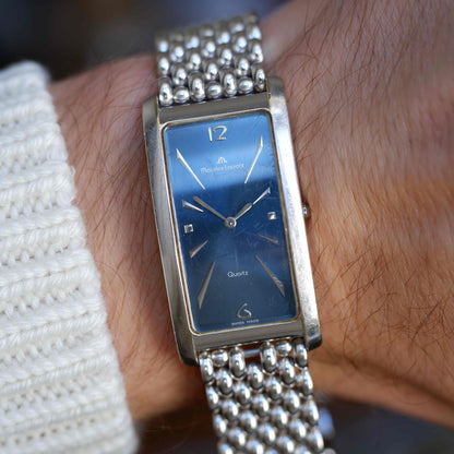 Vintage Maurice Lacroix Tank Watch Stella Blue Dial Bubble-Link Bracelet 80s