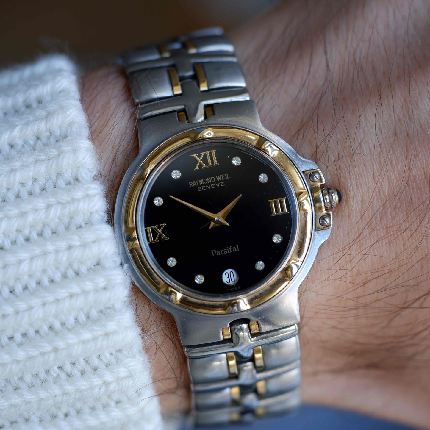 Vintage Raymond Weil Parsifal Watch Golden Two-Tone Black Diamond-Set Dial