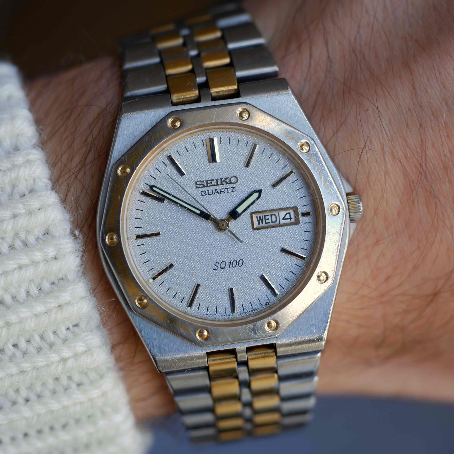 Vintage Seiko SQ 100 Ref. 5Y23-8210 Two-Tone Waffle Dial Day-Date 80s