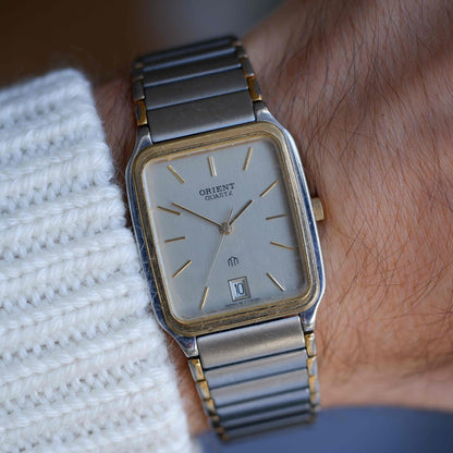 Vintage Orient Tank Style Gray Dial Two-Tone Quartz 80s